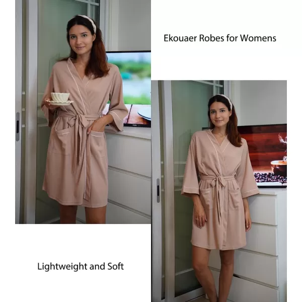 imageEkouaer Women Robes Waffle Knee Length Bathrobe Lightweight Soft Sleepwear V neck 34 Sleeve Casual Ladies Loungewear SXXLPink