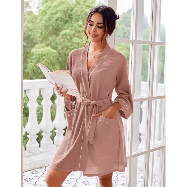 imageEkouaer Women Robes Waffle Knee Length Bathrobe Lightweight Soft Sleepwear V neck 34 Sleeve Casual Ladies Loungewear SXXLPink