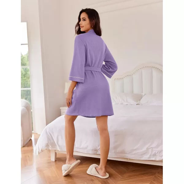 imageEkouaer Women Robes Waffle Knee Length Bathrobe Lightweight Soft Sleepwear V neck 34 Sleeve Casual Ladies Loungewear SXXLPurple