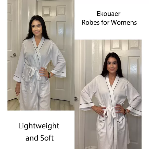 imageEkouaer Women Robes Waffle Knee Length Bathrobe Lightweight Soft Sleepwear V neck 34 Sleeve Casual Ladies Loungewear SXXLWhite