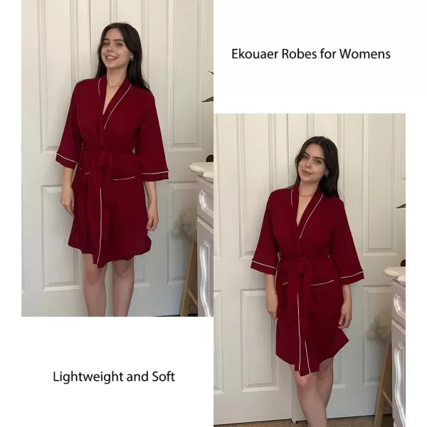 imageEkouaer Women Robes Waffle Knee Length Bathrobe Lightweight Soft Sleepwear V neck 34 Sleeve Casual Ladies Loungewear SXXLWine Red