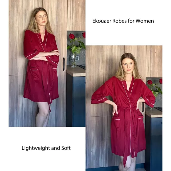 imageEkouaer Women Robes Waffle Knee Length Bathrobe Lightweight Soft Sleepwear V neck 34 Sleeve Casual Ladies Loungewear SXXLWine Red