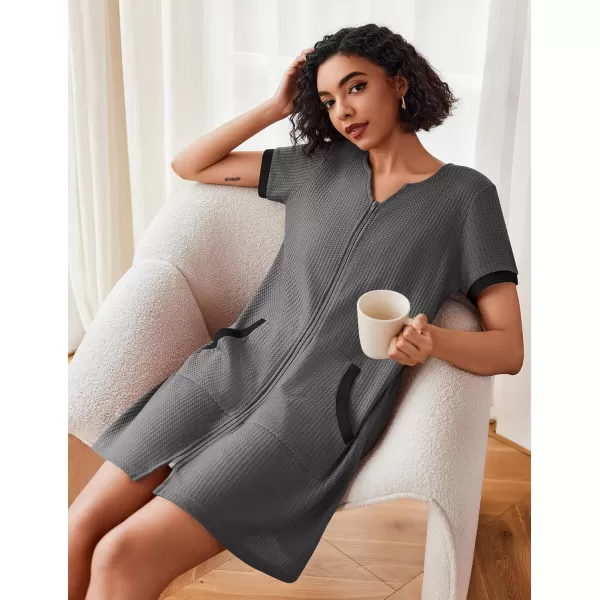 imageEkouaer Women Zipper Robe Waffle Short Sleeve Bathrobes Lightweight Knee Length Housecoat with Pockets S3XLDark Gray