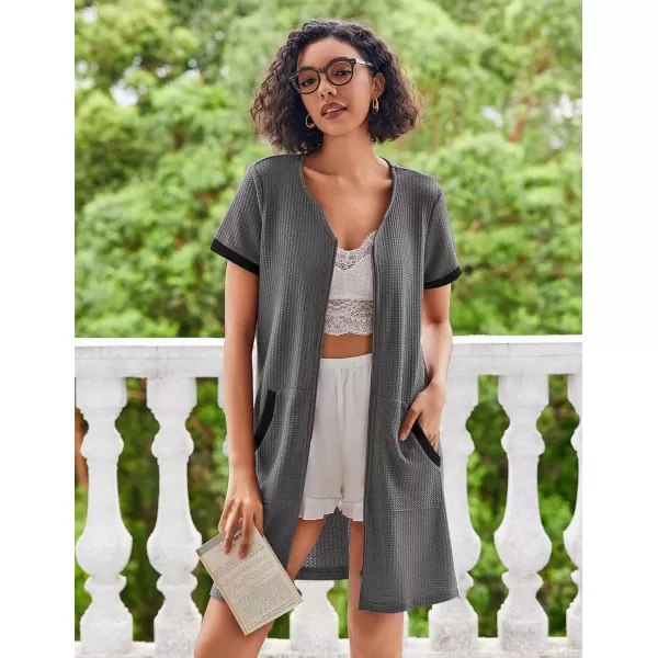 imageEkouaer Women Zipper Robe Waffle Short Sleeve Bathrobes Lightweight Knee Length Housecoat with Pockets S3XLDark Gray