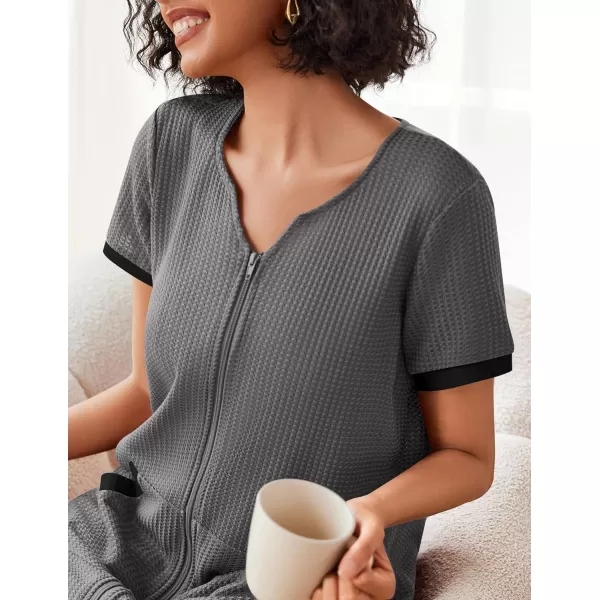 imageEkouaer Women Zipper Robe Waffle Short Sleeve Bathrobes Lightweight Knee Length Housecoat with Pockets S3XLDark Gray