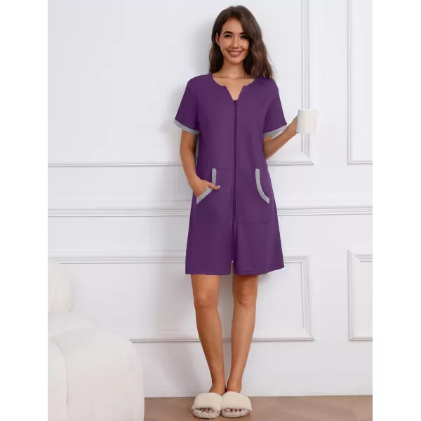 imageEkouaer Women Zipper Robe Waffle Short Sleeve Bathrobes Lightweight Knee Length Housecoat with Pockets S3XLDark Purple