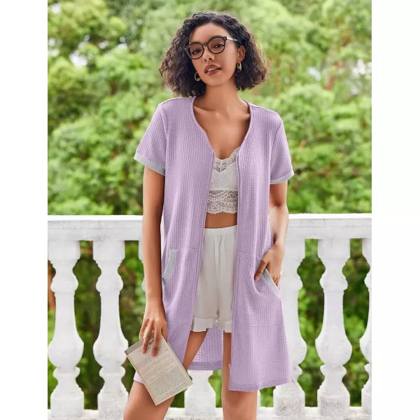 imageEkouaer Women Zipper Robe Waffle Short Sleeve Bathrobes Lightweight Knee Length Housecoat with Pockets S3XLLavender