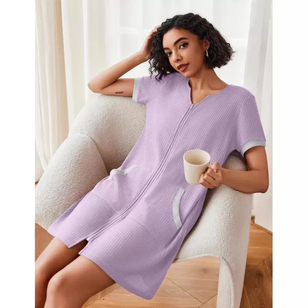 imageEkouaer Women Zipper Robe Waffle Short Sleeve Bathrobes Lightweight Knee Length Housecoat with Pockets S3XLLavender