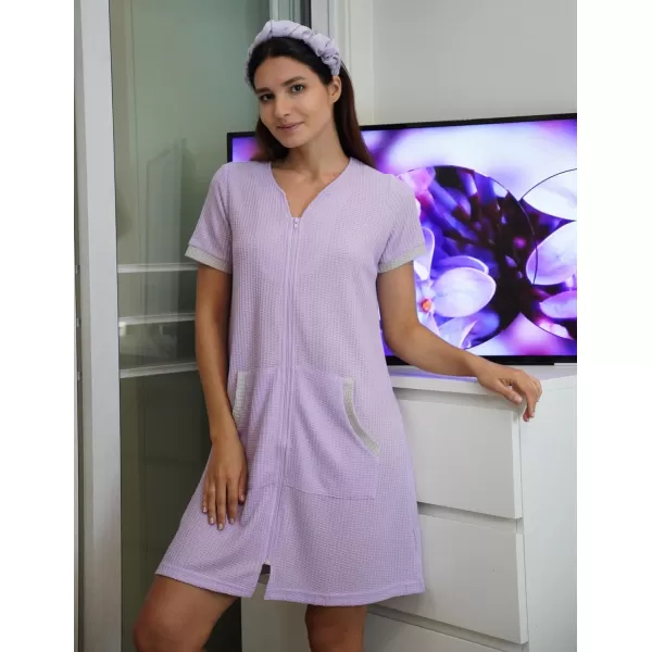 imageEkouaer Women Zipper Robe Waffle Short Sleeve Bathrobes Lightweight Knee Length Housecoat with Pockets S3XLLavender