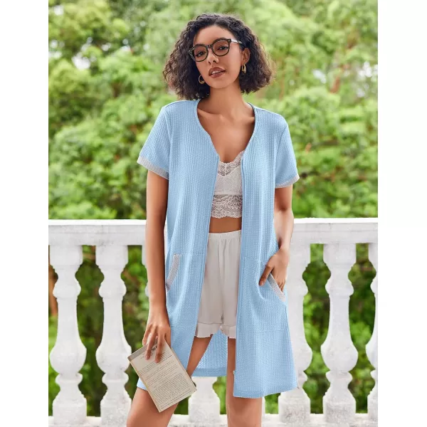 imageEkouaer Women Zipper Robe Waffle Short Sleeve Bathrobes Lightweight Knee Length Housecoat with Pockets S3XLPale Blue