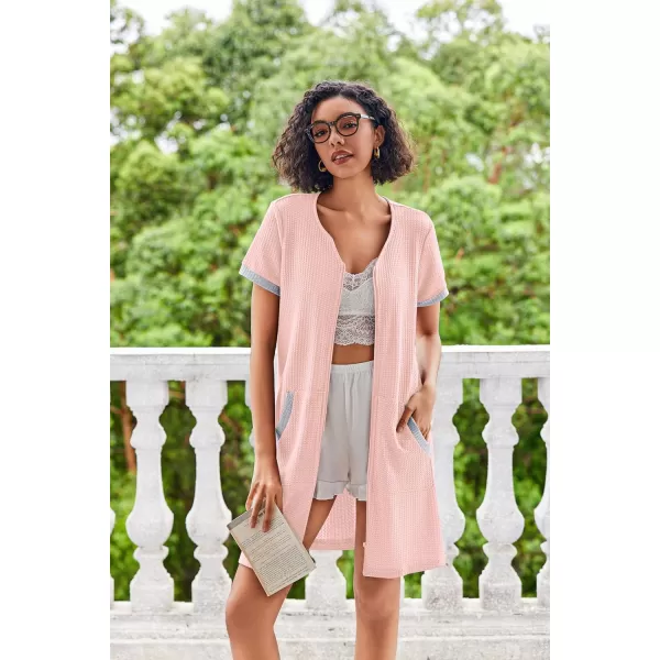 imageEkouaer Women Zipper Robe Waffle Short Sleeve Bathrobes Lightweight Knee Length Housecoat with Pockets S3XLPink