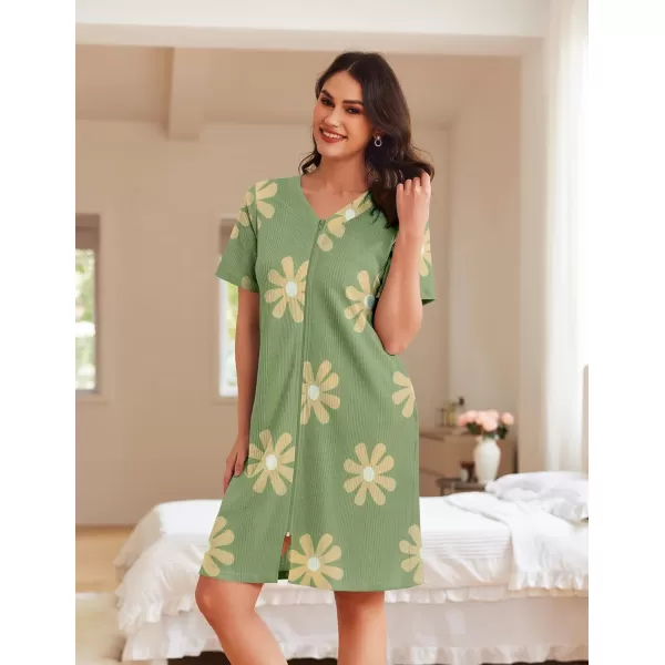 imageEkouaer Women Zipper Robes Waffle Short Bathrobe Lightweight House Coat with Pockets Soft Nightgown S3XLGreen Floral