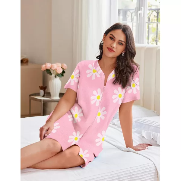 imageEkouaer Women Zipper Robes Waffle Short Bathrobe Lightweight House Coat with Pockets Soft Nightgown S3XLPink Floral