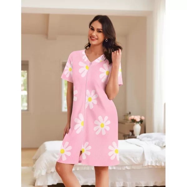 imageEkouaer Women Zipper Robes Waffle Short Bathrobe Lightweight House Coat with Pockets Soft Nightgown S3XLPink Floral