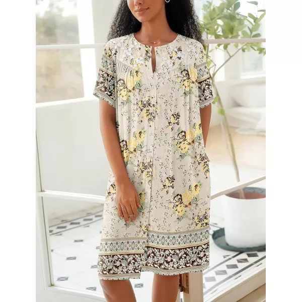imageEkouaer Womens Button Down Nightgown Short Sleeve House Dress Short House Coat with Pockets S4XLBeige Flower