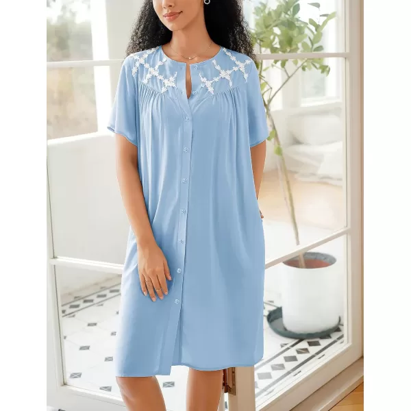 imageEkouaer Womens Button Down Nightgown Short Sleeve House Dress Short House Coat with Pockets S4XLBlue