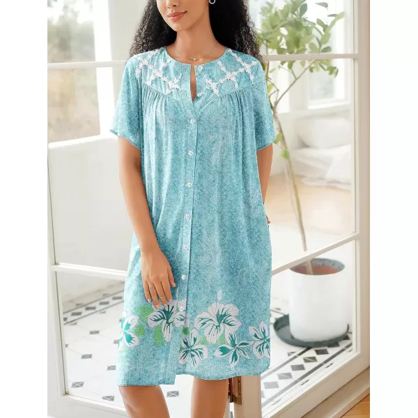 imageEkouaer Womens Button Down Nightgown Short Sleeve House Dress Short House Coat with Pockets S4XLGreen Flower