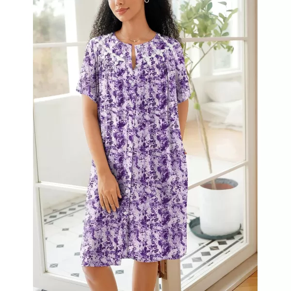 imageEkouaer Womens Button Down Nightgown Short Sleeve House Dress Short House Coat with Pockets S4XLPurple Flower