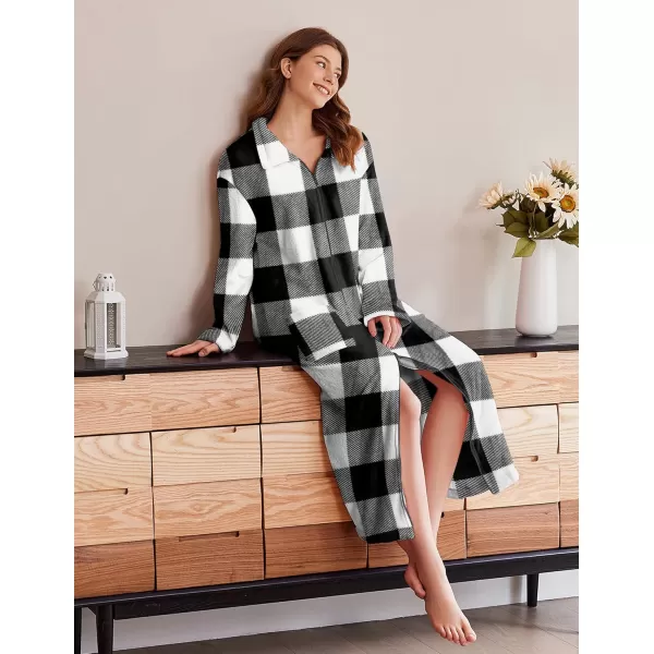 imageEkouaer Womens Flannel Robe Zipper Front Robes Full Length BathrobeSXXLBlack  White Plaid