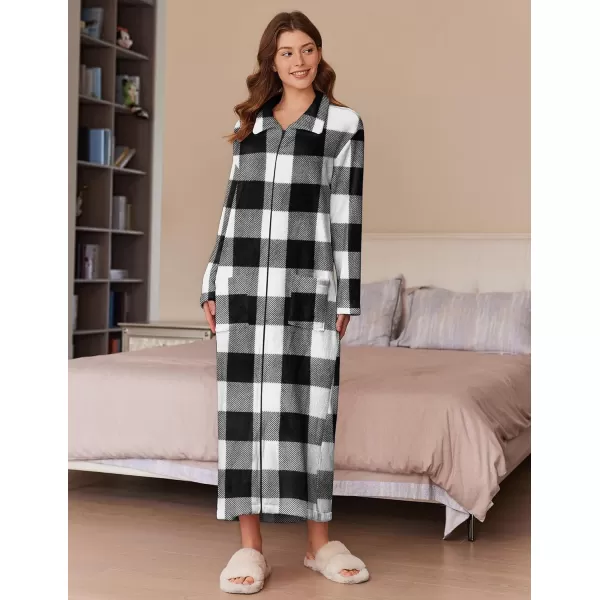 imageEkouaer Womens Flannel Robe Zipper Front Robes Full Length BathrobeSXXLBlack  White Plaid