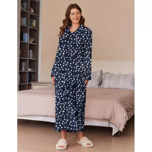 imageEkouaer Womens Flannel Robe Zipper Front Robes Full Length BathrobeSXXLDark BlueWhite Stars