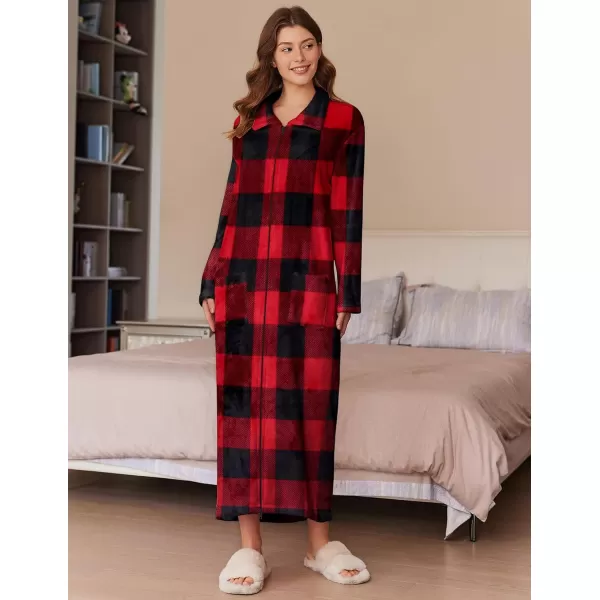 imageEkouaer Womens Flannel Robe Zipper Front Robes Full Length BathrobeSXXLRed  Black Plaid
