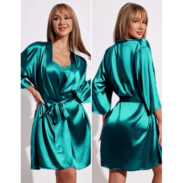 imageEkouaer Womens Satin Robe Set Lace Sexy Lingerie Robe Wedding Nightgown 2pcs Cami Bride Party Silk Pajamas SetBlue Green