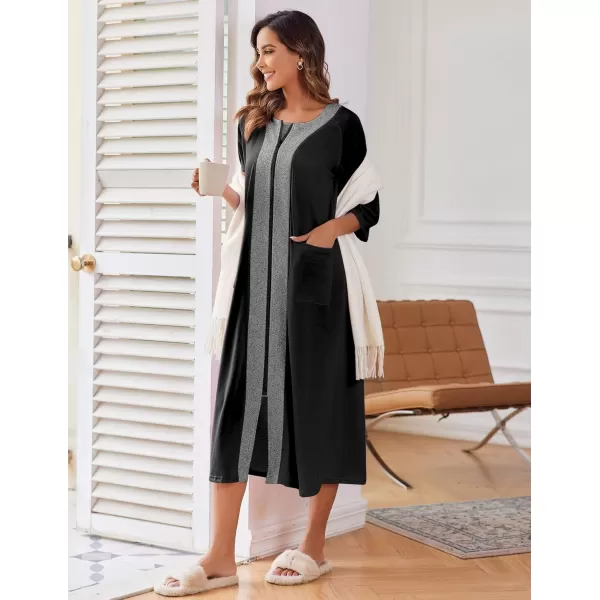 imageEkouaer Womens Zipper Robe 34 Sleeve Housecoats Full Length House Dress Loungewear Long Nightgown with PocketsBlack