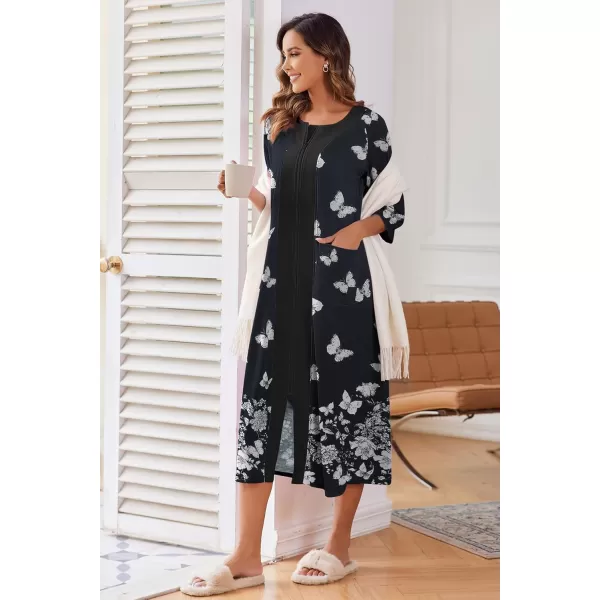 imageEkouaer Womens Zipper Robe 34 Sleeve Housecoats Full Length House Dress Loungewear Long Nightgown with PocketsBlack Butterfly