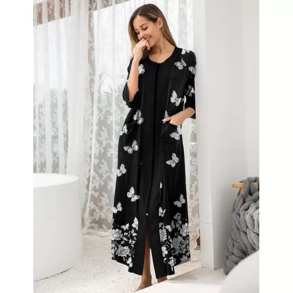 imageEkouaer Womens Zipper Robe 34 Sleeve Housecoats Full Length House Dress Loungewear Long Nightgown with PocketsBlack Butterfly