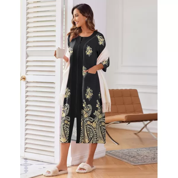 imageEkouaer Womens Zipper Robe 34 Sleeve Housecoats Full Length House Dress Loungewear Long Nightgown with PocketsBlack Cashew Flower