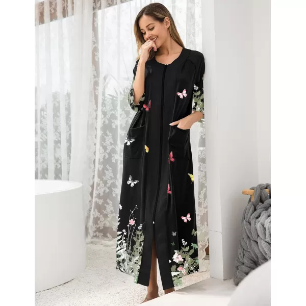 imageEkouaer Womens Zipper Robe 34 Sleeve Housecoats Full Length House Dress Loungewear Long Nightgown with PocketsBlack Floral