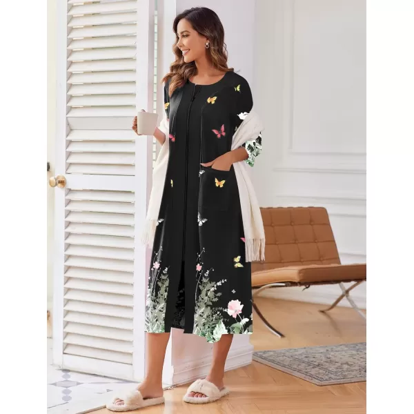 imageEkouaer Womens Zipper Robe 34 Sleeve Housecoats Full Length House Dress Loungewear Long Nightgown with PocketsBlack Floral