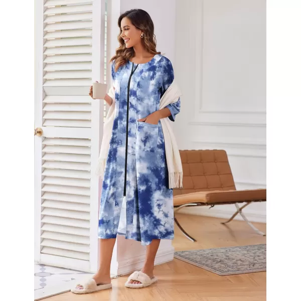 imageEkouaer Womens Zipper Robe 34 Sleeve Housecoats Full Length House Dress Loungewear Long Nightgown with PocketsDark Blue Tie Dye