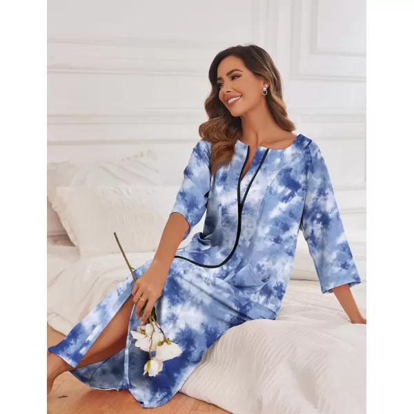 imageEkouaer Womens Zipper Robe 34 Sleeve Housecoats Full Length House Dress Loungewear Long Nightgown with PocketsDark Blue Tie Dye