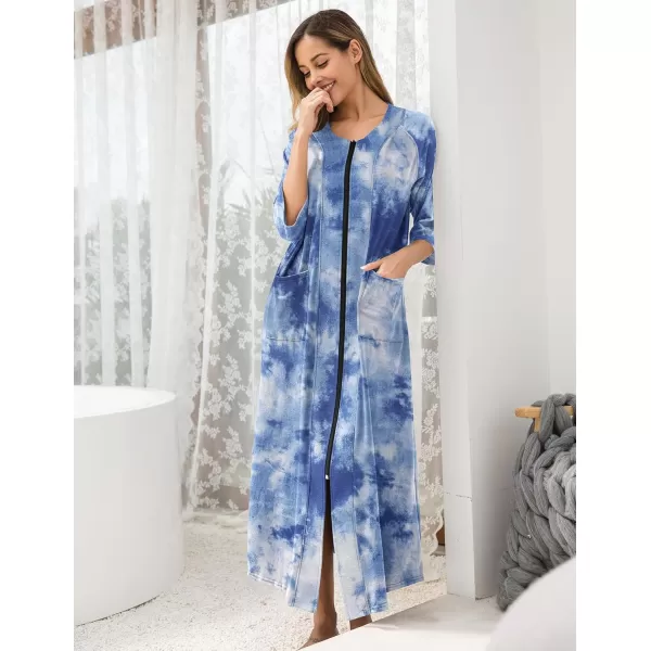 imageEkouaer Womens Zipper Robe 34 Sleeve Housecoats Full Length House Dress Loungewear Long Nightgown with PocketsDark Blue Tie Dye