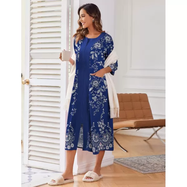 imageEkouaer Womens Zipper Robe 34 Sleeve Housecoats Full Length House Dress Loungewear Long Nightgown with PocketsFloral Blue