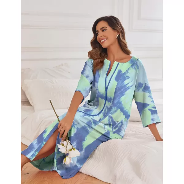 imageEkouaer Womens Zipper Robe 34 Sleeve Housecoats Full Length House Dress Loungewear Long Nightgown with PocketsGreen Tie Dye
