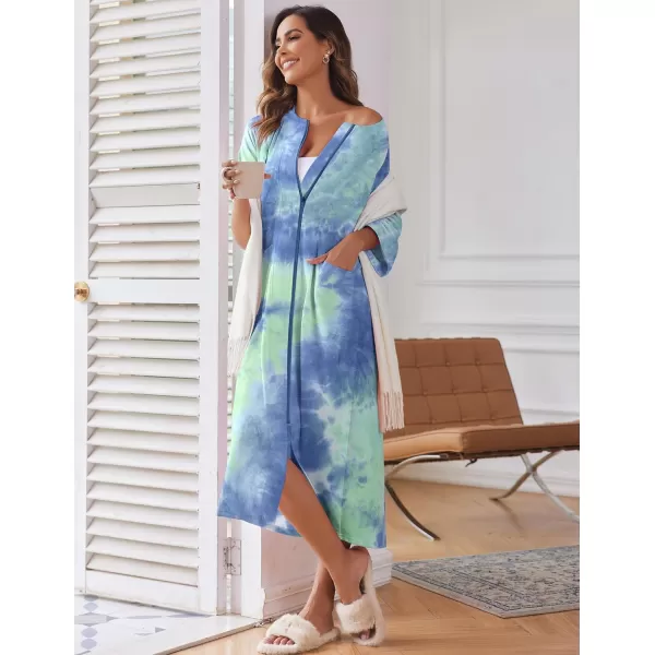 imageEkouaer Womens Zipper Robe 34 Sleeve Housecoats Full Length House Dress Loungewear Long Nightgown with PocketsGreen Tie Dye
