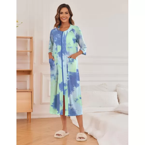 imageEkouaer Womens Zipper Robe 34 Sleeve Housecoats Full Length House Dress Loungewear Long Nightgown with PocketsGreen Tie Dye