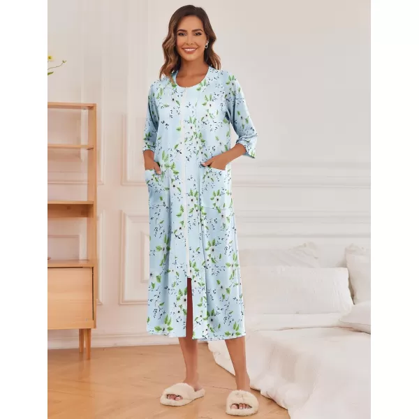 imageEkouaer Womens Zipper Robe 34 Sleeve Housecoats Full Length House Dress Loungewear Long Nightgown with PocketsLight Blue Flower