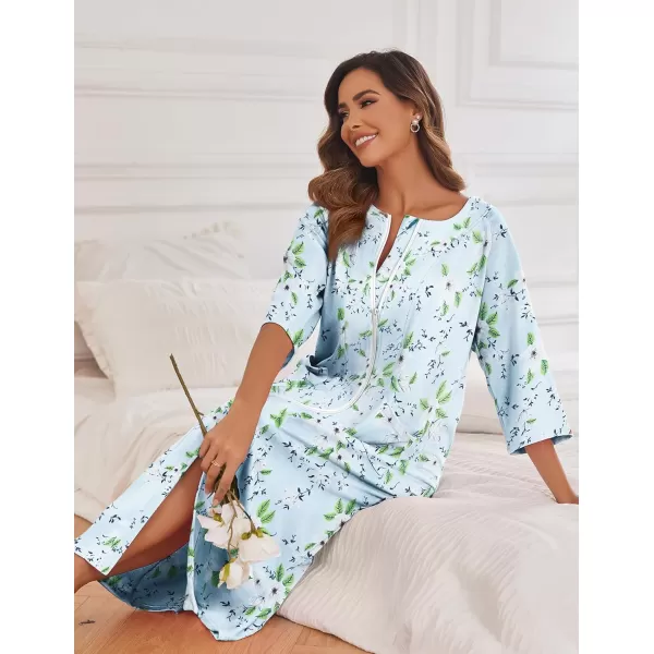 imageEkouaer Womens Zipper Robe 34 Sleeve Housecoats Full Length House Dress Loungewear Long Nightgown with PocketsLight Blue Flower