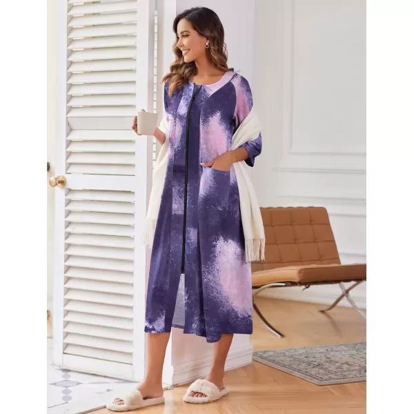 imageEkouaer Womens Zipper Robe 34 Sleeve Housecoats Full Length House Dress Loungewear Long Nightgown with PocketsPurple Tie Dye