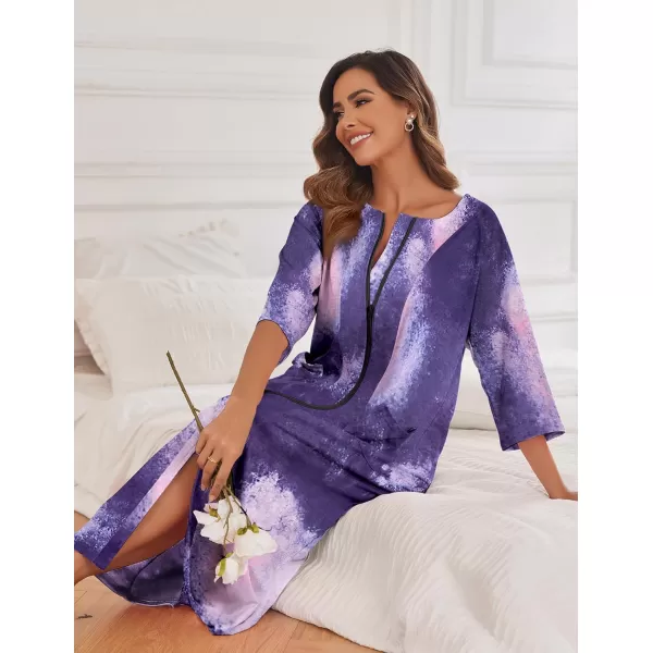 imageEkouaer Womens Zipper Robe 34 Sleeve Housecoats Full Length House Dress Loungewear Long Nightgown with PocketsPurple Tie Dye