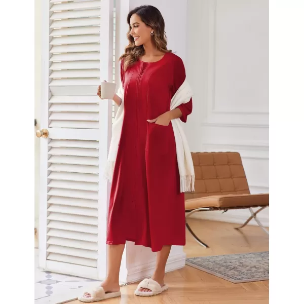 imageEkouaer Womens Zipper Robe 34 Sleeve Housecoats Full Length House Dress Loungewear Long Nightgown with PocketsRed