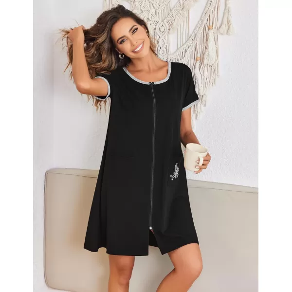 imageEkouaer Zip Up Robes for Women Short Sleeves Zipper House Coat Short Bathrobes Lightweight Nightgown with Pockets S3XLBlack