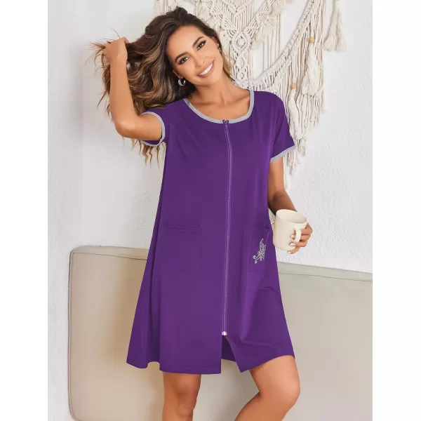 imageEkouaer Zip Up Robes for Women Short Sleeves Zipper House Coat Short Bathrobes Lightweight Nightgown with Pockets S3XLDark Purple