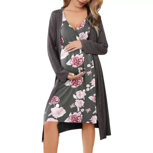 imageEkouaer Maternity Nursing Gown and Robe Set Labor Delivery Nursing Nightgowns for Breastfeeding Pregnancy ClothesDark Greypink Flower