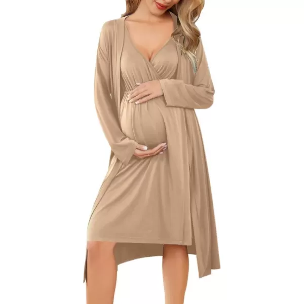 imageEkouaer Maternity Nursing Gown and Robe Set Labor Delivery Nursing Nightgowns for Breastfeeding Pregnancy ClothesKhaki