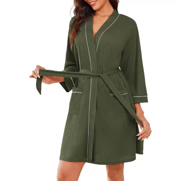 imageEkouaer Women Robes Waffle Knee Length Bathrobe Lightweight Soft Sleepwear V neck 34 Sleeve Casual Ladies Loungewear SXXLArmy Green